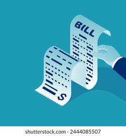 Bill concept. Sad businessman with big invoice. Paper check in hand. Vector illustration isometric design. Report finance, and expenses.