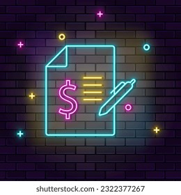 Bill, contract, multicolor neon icon on dark brick wall