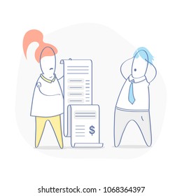 Bill, Costs, great Expense, Spending, Outlay, Financial problems, Debt, Fee. Cute cartoon woman showing long bill to surprised and upset man. Flat outline vector illustration in modern design style.