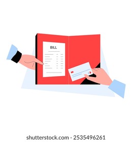 Bill And Credit Card Payment Interaction In Flat Vector Illustration Symbolizing Financial Transaction And Payment Services, Isolated On White Background