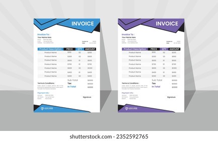 Plantilla de diseño de factura para facturas. Diseño de facturas de oficina y formulario de facturas de negocios por el río Stocks