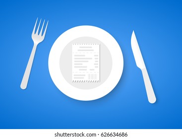 Bill for dinner on plate. Receipt for food on blue background