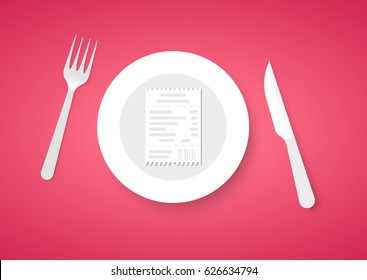 Bill for dinner for plate. Receipt for food on red background