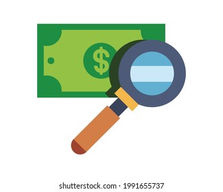 dólar facturado con icono de ampliación de vidrio aislado