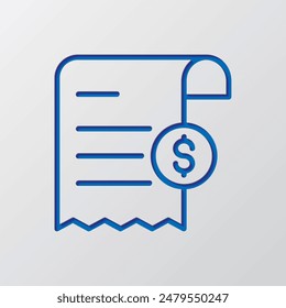 Bill and dollar simple icon vector. Flat design. Paper cut design. Cutted blue symbol with shadow. Gray background.ai