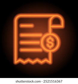 Einfacher Symbolvektor für Rechnung und Dollar. Flaches Design. Orangefarbenes Neon auf schwarzem Hintergrund.ai