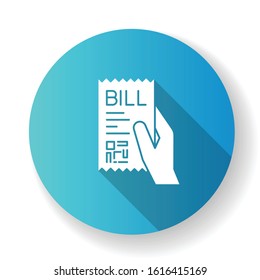 Bill of exchange blue flat design long shadow glyph icon. Printed cheque. Payment notice. Purchase confirmation, proof. Cashiers receipt, cash-memo. Shopping. Silhouette RGB color illustration