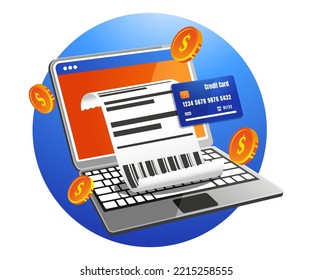 Bill of expenses is on laptop, Online shopping via laptop and credit card