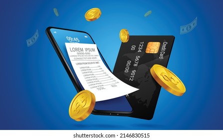 Bill Of Expenses Is On Mobile Phone.Pay Bills With Mobile Phone.Online Shopping Spending.Online Shopping Via Smartphone.Bill Payment Flat Isometric Vector Concept Of Mobile Payment, Shopping, Banking.