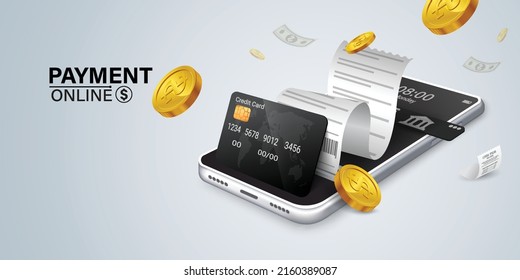 Bill of expenses is on mobile phone.Pay bills with mobile phone.Online shopping spending.Online shopping via smartphone.Bill payment flat isometric vector concept of mobile payment, shopping, banking. - Shutterstock ID 2160389087
