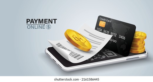 Bill of expenses is on mobile phone.Pay bills with mobile phone.Online shopping spending.Online shopping via smartphone.Bill payment flat isometric vector concept of mobile payment, shopping, banking.