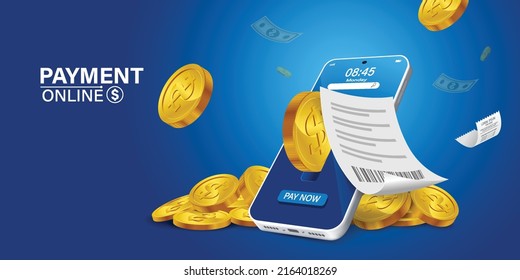 Bill of expenses is on mobile phone.Pay bills with mobile phone.Online shopping spending.Online shopping via smartphone.Bill payment flat isometric vector concept of mobile payment, transfer, banking.