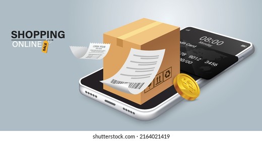 Bill of expenses is on mobile phone.Pay bills with mobile phone.Online shopping spending.Online shopping via smartphone.Bill payment flat isometric vector concept of mobile payment, shopping, banking.