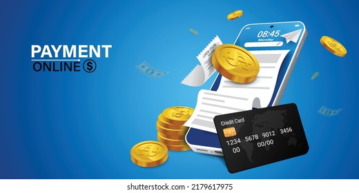 Bill of expenses is on mobile phone.Pay bills with mobile phone.Online shopping spending.Online shopping via smartphone.Bill payment flat isometric vector concept of mobile payment, shopping, banking.