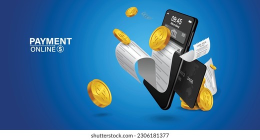 Bill of expenses is on mobile phone.Pay bills with mobile phone.Online shopping spending.Online shopping via smartphone.Bill payment flat isometric vector concept of mobile payment, shopping, banking.