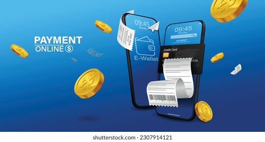 Bill of expenses is on mobile phone.Pay bills with mobile phone.Online shopping spending.Online shopping via smartphone.Bill payment flat isometric vector concept of mobile payment, shopping, banking. - Shutterstock ID 2307914121