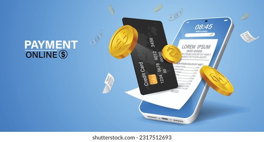 Bill of expenses is on mobile phone.Pay bills with mobile phone.Online shopping spending.Online shopping via smartphone.Bill payment flat isometric vector concept of mobile payment, shopping, banking.