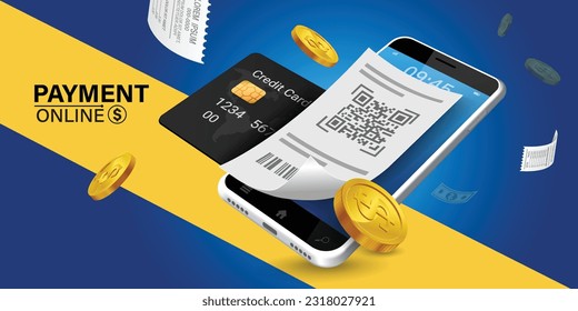 Bill of expenses is on mobile phone.Pay bills with mobile phone.Online shopping spending.Online shopping via smartphone.Bill payment flat isometric vector concept of mobile payment, shopping, banking.