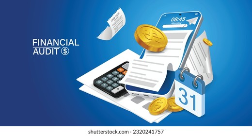 Bill of expenses is on mobile phone.Pay bills with mobile phone.Online shopping spending.Online shopping via smartphone.Bill payment flat isometric vector concept of mobile payment, shopping, banking.
