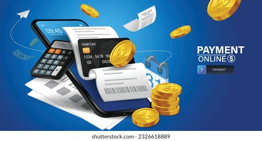 Bill of expenses is on mobile phone.Pay bills with mobile phone.Online shopping spending.Online shopping via smartphone.Bill payment flat isometric vector concept of mobile payment, shopping, banking.