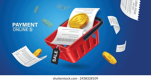 Bill of expenses is on mobile phone.Pay bills with mobile phone.Online shopping spending.Online shopping via smartphone.Bill payment flat isometric vector concept of mobile payment, shopping, banking.