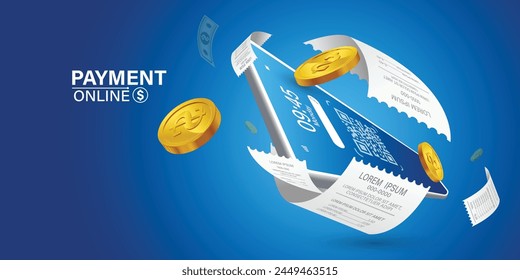 Bill of expenses is on mobile phone.Pay bills with mobile phone.Online shopping spending.Online shopping via smartphone.Bill payment flat isometric vector concept of mobile payment, shopping, banking.