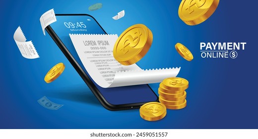 Bill of expenses is on mobile phone.Pay bills with mobile phone.Online shopping spending.Online shopping via smartphone.Bill payment flat isometric vector concept of mobile payment, shopping, banking.