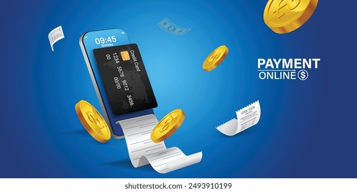 Bill of expenses is on mobile phone.Pay bills with mobile phone.Online shopping spending.Online shopping via smartphone.Bill payment flat isometric vector concept of mobile payment, shopping, banking.