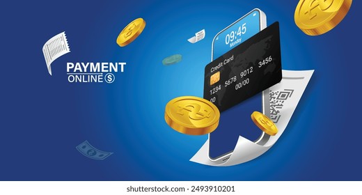 Bill of expenses is on mobile phone.Pay bills with mobile phone.Online shopping spending.Online shopping via smartphone.Bill payment flat isometric vector concept of mobile payment, shopping, banking.