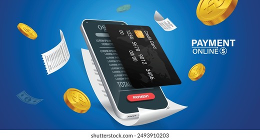 Bill of expenses is on mobile phone.Pay bills with mobile phone.Online shopping spending.Online shopping via smartphone.Bill payment flat isometric vector concept of mobile payment, shopping, banking.