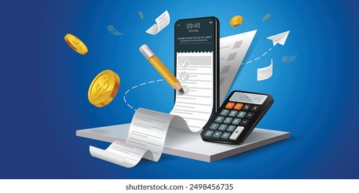 Bill of expenses is on mobile phone.Pay bills with mobile phone.Online shopping spending.Online shopping via smartphone.Bill payment flat isometric vector concept of mobile payment, shopping, banking.