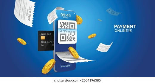 Bill of expenses is on mobile phone.Pay bills with mobile phone.Online shopping spending.Online shopping via smartphone.Bill payment flat isometric vector concept of mobile payment, shopping, banking.