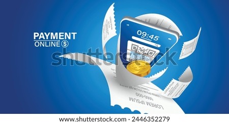 Bill of expenses is on mobile phone.Pay bills with mobile phone.Online shopping spending.Online shopping via smartphone.Bill payment flat isometric vector concept of mobile payment, shopping, banking.