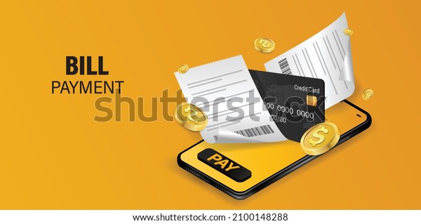 Bill of expenses is on mobile phone.Pay bills
with mobile phone.Online shopping spending.Online shopping via
smartphone.Bill payment flat isometric vector concept of mobile
payment, shopping,
banking.