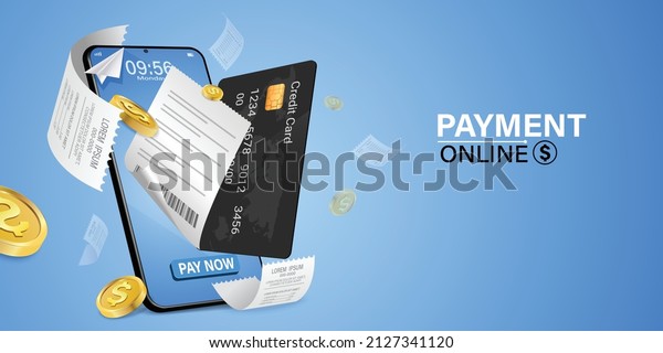 Bill of expenses is on mobile phone.Pay bills\
with mobile phone.Online shopping spending.Online shopping via\
smartphone.Bill payment flat isometric vector concept of mobile\
payment, shopping,\
banking.
