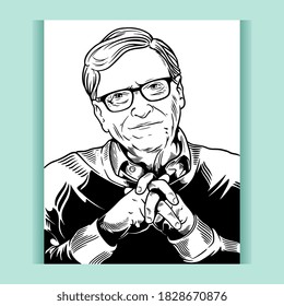 Bill Gates, an American business magnate, software developer, and philanthropist. Editorial art vector portrait on white and black color. The co-founder of Microsoft Corporation. September 25, 2020
