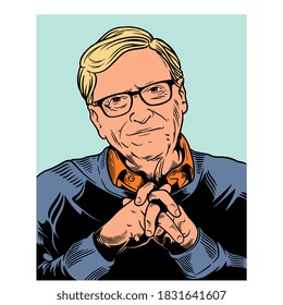 Bill Gates, an American business magnate, software developer, and philanthropist. Editorial vector portrait isolated on colorful art. The co-founder of Microsoft Corporation. September 28, 2020