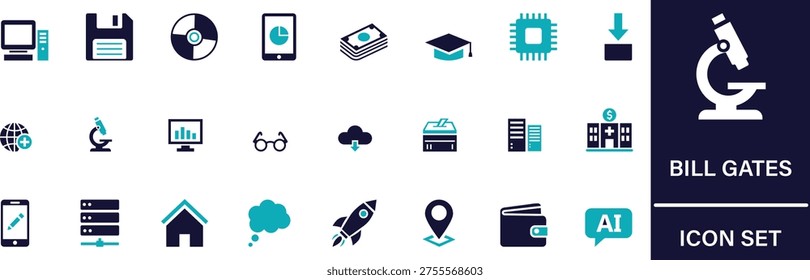Bill Gates icons set bill, gates, microsoft, founder, billionaire, tech, philanthropist related premium editable vector graphics.