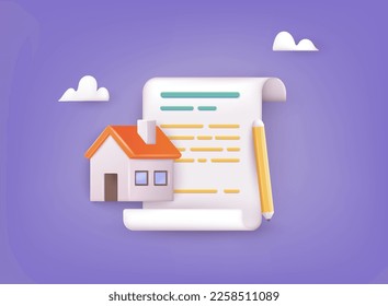 Bill with home for payment transaction with pen. 3D Web Vector Illustrations.