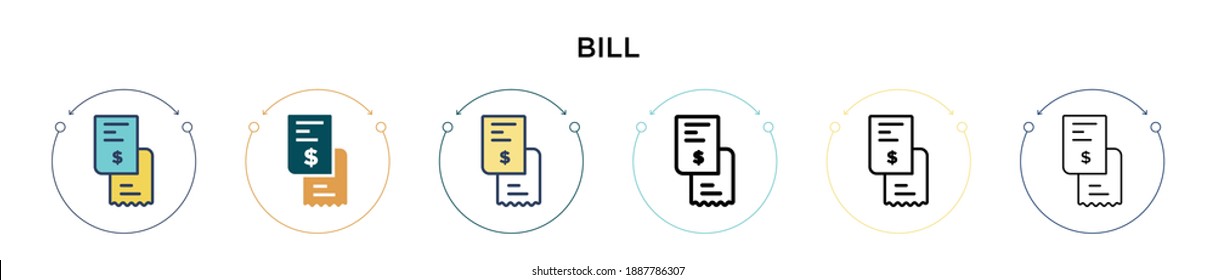 Bill Icon in vollem, dünnen Linie, Umriss und Strich Stil. Vektorgrafik von zwei farbigen und schwarzen Rechnungsvektorsymbolen für mobile, iPhone-, web-basierte