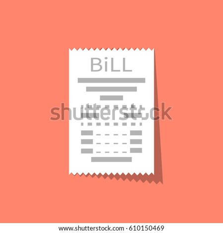 Bill icon isolated flat design style. Receipt, invoice. Torn white paper check with a shadow. Vector illustration flat design. Report finance, expenses.