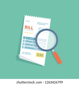 Bill icon with magnifying glass. Studying paying account. Payment of goods, services, utility, bank, restaurant. Invoice, check, bill sign. Paper financial symbol in flat style. Vector isolated.