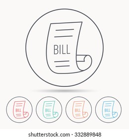 Bill icon. Pay document sign. Business invoice or receipt symbol. Linear circle icons.