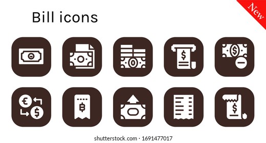 bill icon set. 10 filled bill icons.  Simple modern icons such as: Money, Invoice, Money exchange, Receipt