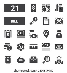 bill icon set. Collection of 21 filled bill icons included Money, Bill, Purse, Invoice, Bills