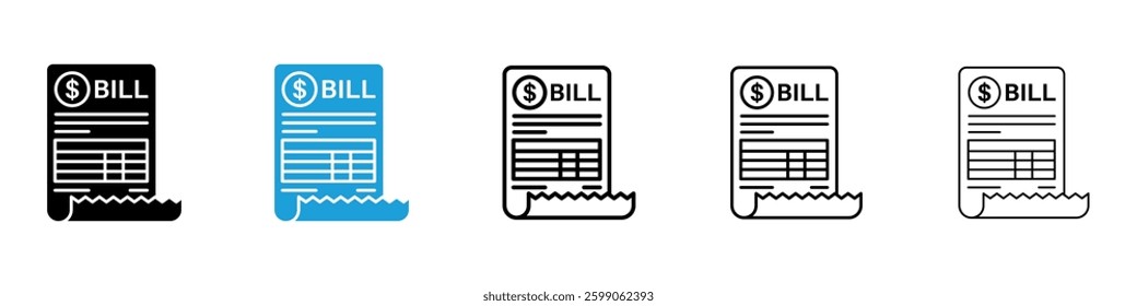 Bill icons vector illustrations in black and blue colors for web and ui designs