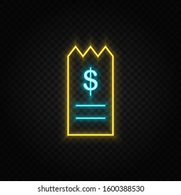 Bill, invoice, receipt neon icon. Blue and yellow neon vector icon.