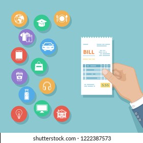 Bill in man hand. Set of service icons. Shopping, check, receipt, invoice, order. Paying bills. Payment of goods, services, utility, restaurant, products. Vector 