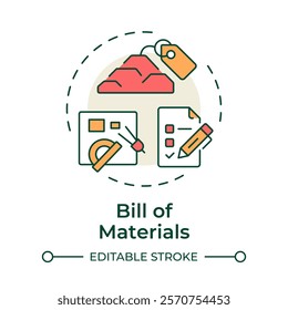 Bill of materials multi color concept icon. MRP input. List of components required to manufacture product. Round shape line illustration. Abstract idea. Graphic design. Easy to use in article