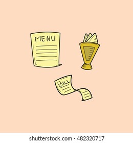 Bill and Menu hand drawn objects and symbols with color. Bill and Menu sketch cartoon style with color, vector illustration